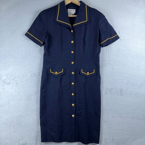 Talbots Vintage Tailored Dress Front Button Cap Sleeves Womens Navy Size 8P - Picture 1 of 10